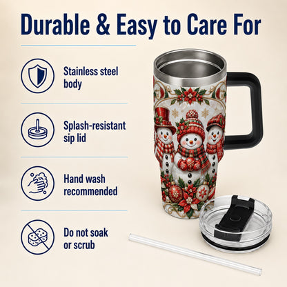 #pl[40oz|Black] Snowman 40oz Tumbler with Handle, Poinsettia Holiday Travel Cup