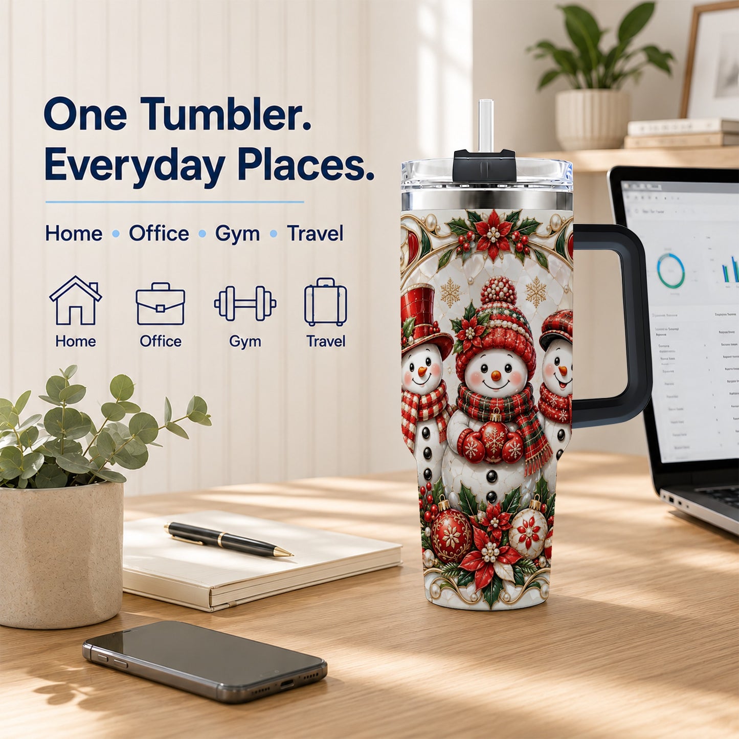 #pl[40oz|Black] Snowman 40oz Tumbler with Handle, Poinsettia Holiday Travel Cup