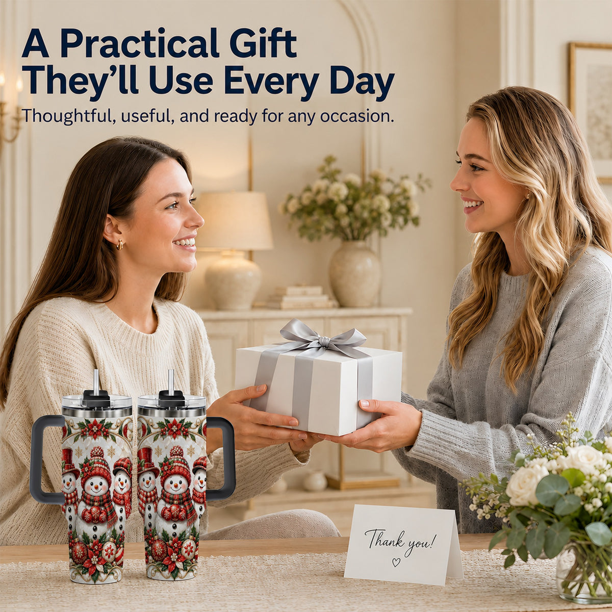 #pl[40oz|Black] Snowman 40oz Tumbler with Handle, Poinsettia Holiday Travel Cup