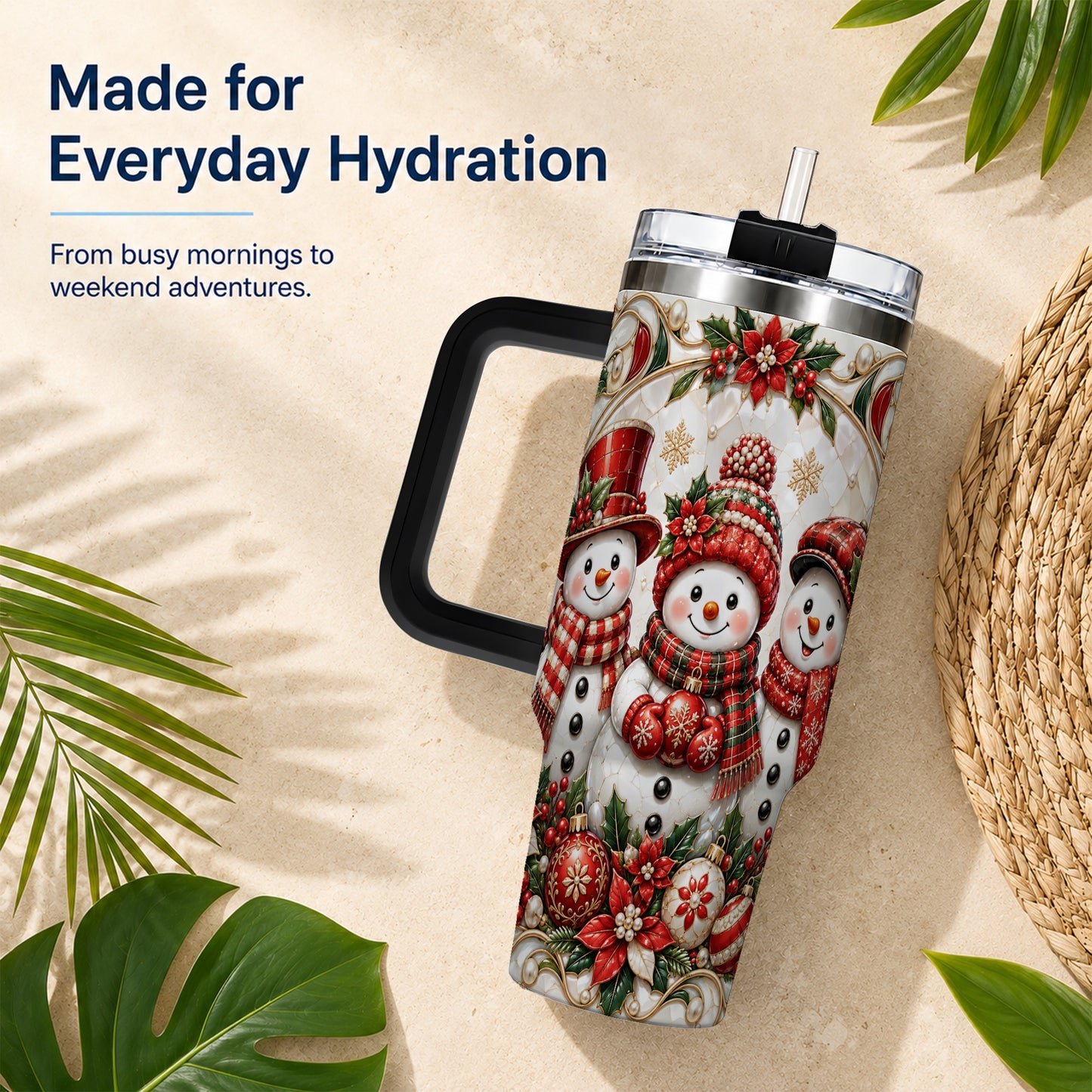 #pl[40oz|Black] Snowman 40oz Tumbler with Handle, Poinsettia Holiday Travel Cup