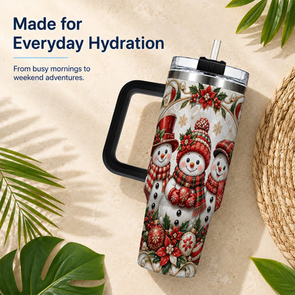 #pl[40oz|Black] Snowman 40oz Tumbler with Handle, Poinsettia Holiday Travel Cup