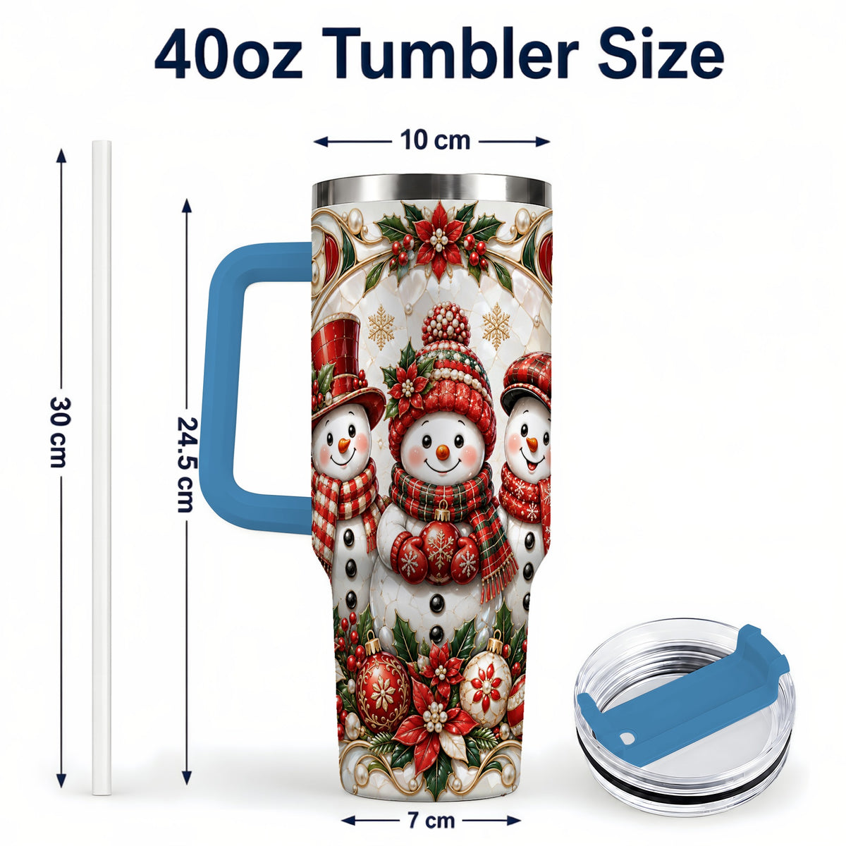 #pl[40oz|Blue] Snowman 40oz Tumbler with Handle, Poinsettia Holiday Travel Cup