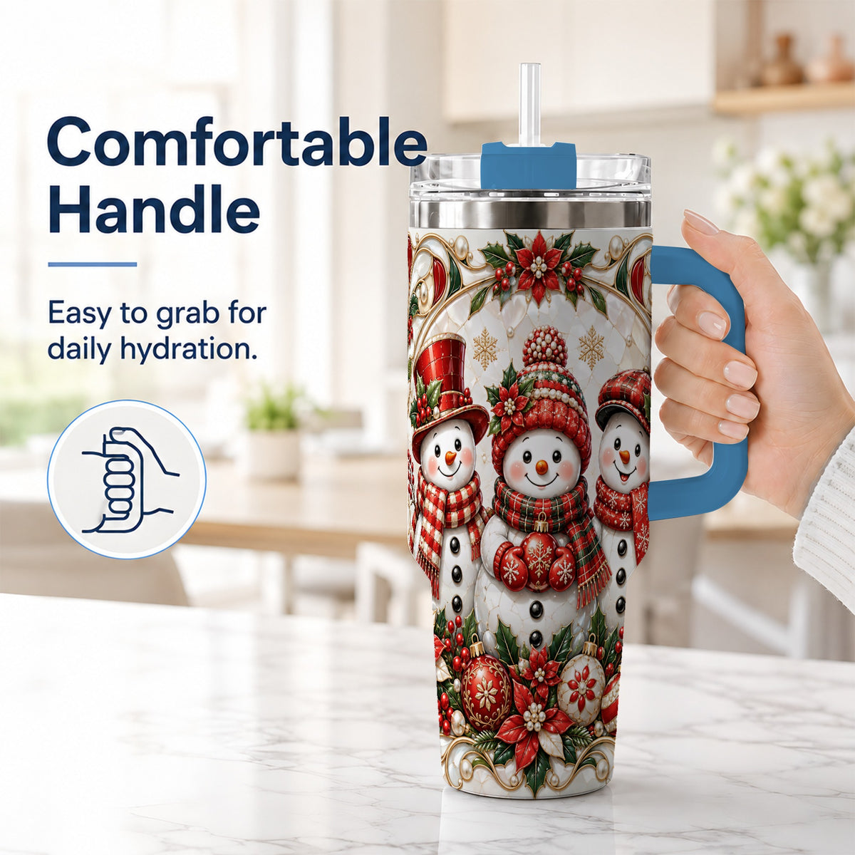 #pl[40oz|Blue] Snowman 40oz Tumbler with Handle, Poinsettia Holiday Travel Cup