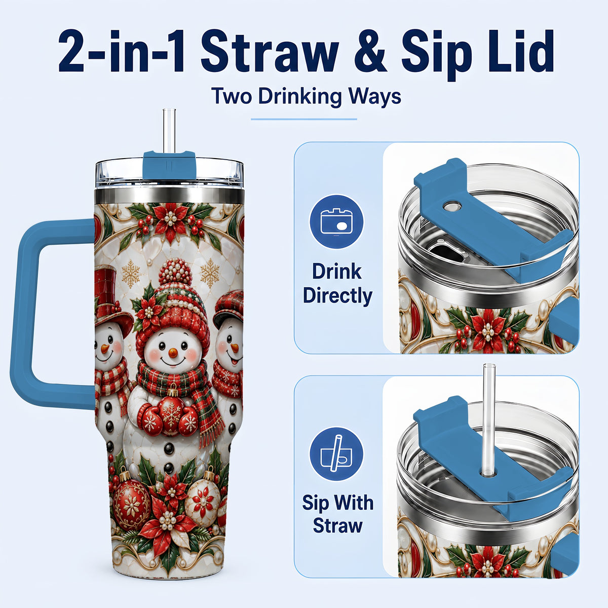 #pl[40oz|Blue] Snowman 40oz Tumbler with Handle, Poinsettia Holiday Travel Cup