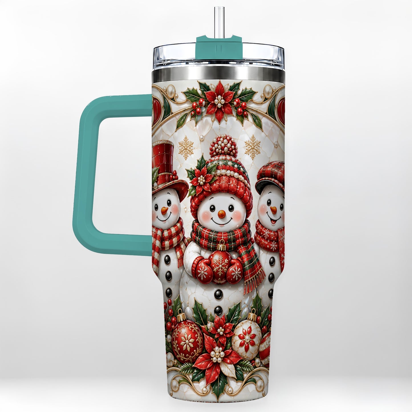 #pl[40oz|Green] Snowman 40oz Tumbler with Handle, Poinsettia Holiday Travel Cup