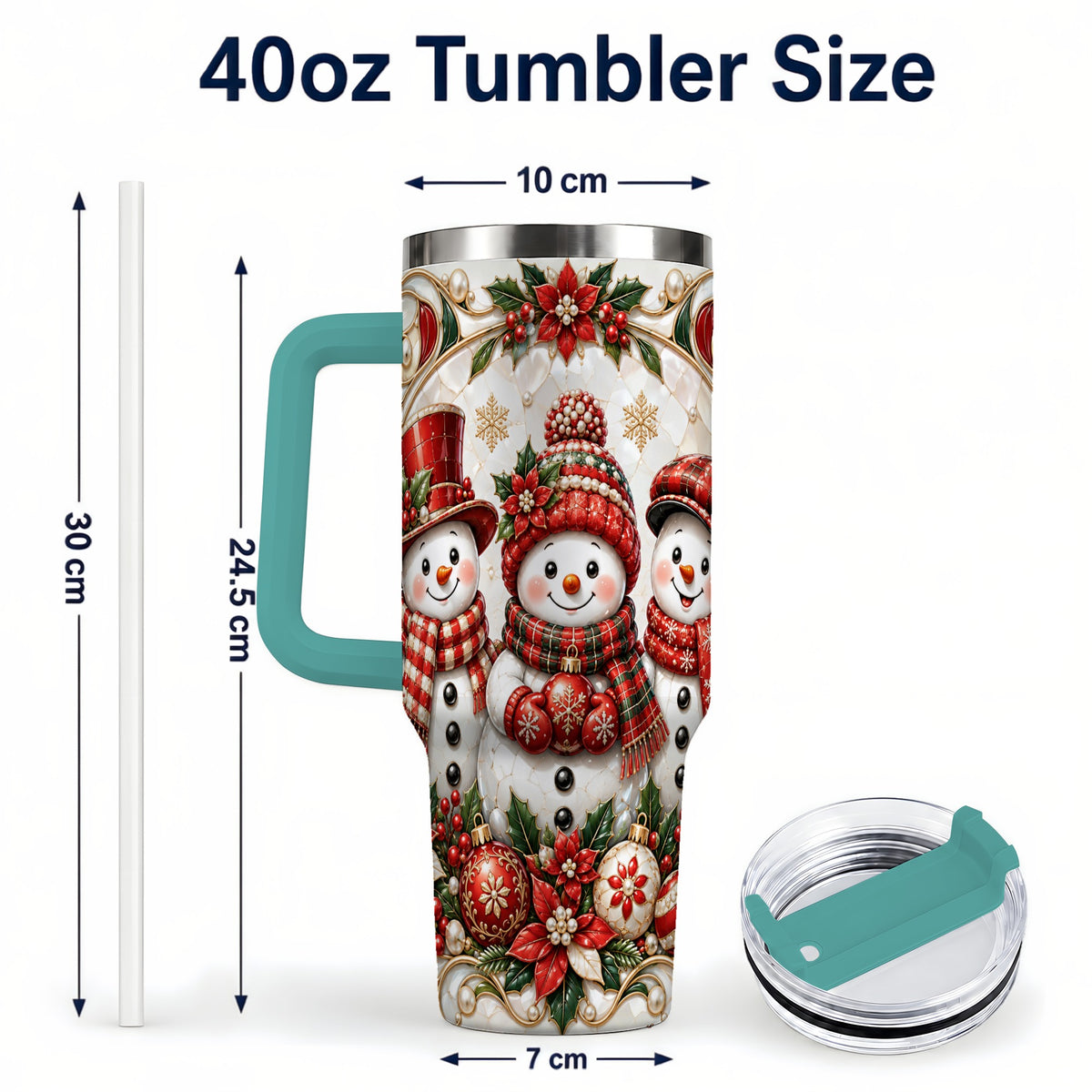 #pl[40oz|Green] Snowman 40oz Tumbler with Handle, Poinsettia Holiday Travel Cup