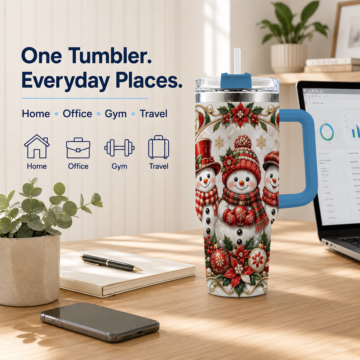 #pl[40oz|Blue] Snowman 40oz Tumbler with Handle, Poinsettia Holiday Travel Cup