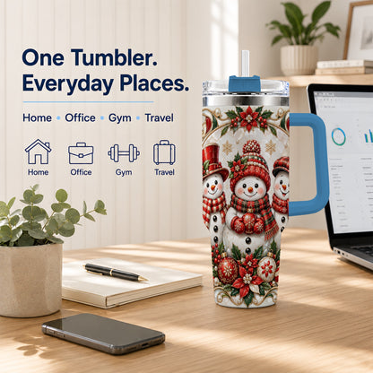 #pl[40oz|Blue] Snowman 40oz Tumbler with Handle, Poinsettia Holiday Travel Cup