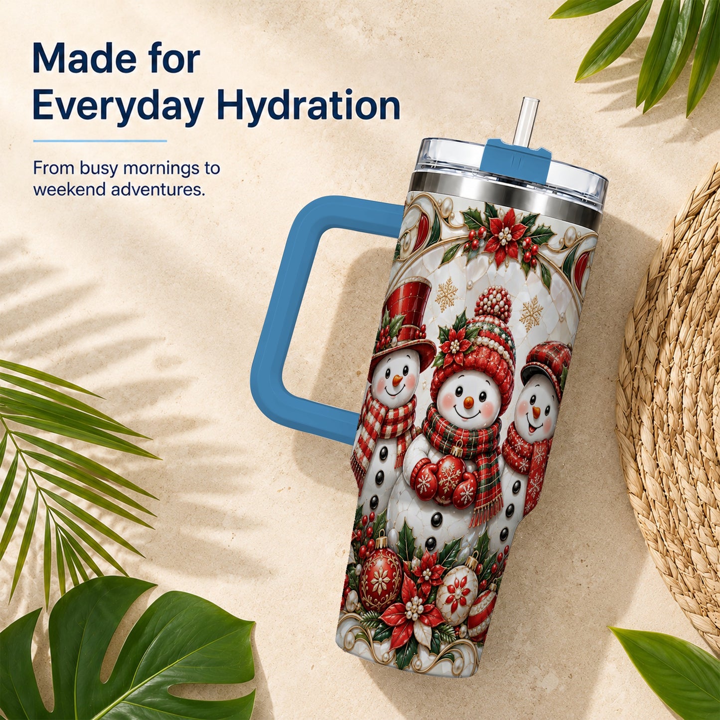 #pl[40oz|Blue] Snowman 40oz Tumbler with Handle, Poinsettia Holiday Travel Cup
