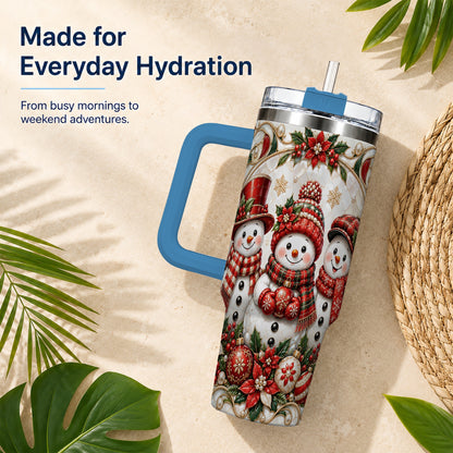 #pl[40oz|Blue] Snowman 40oz Tumbler with Handle, Poinsettia Holiday Travel Cup