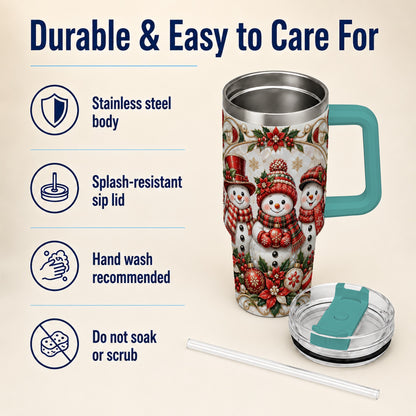 #pl[40oz|Green] Snowman 40oz Tumbler with Handle, Poinsettia Holiday Travel Cup
