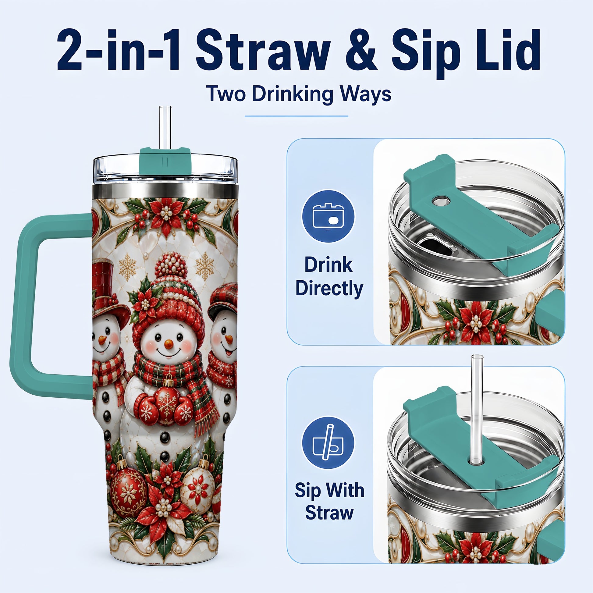 #pl[40oz|Green] Snowman 40oz Tumbler with Handle, Poinsettia Holiday Travel Cup