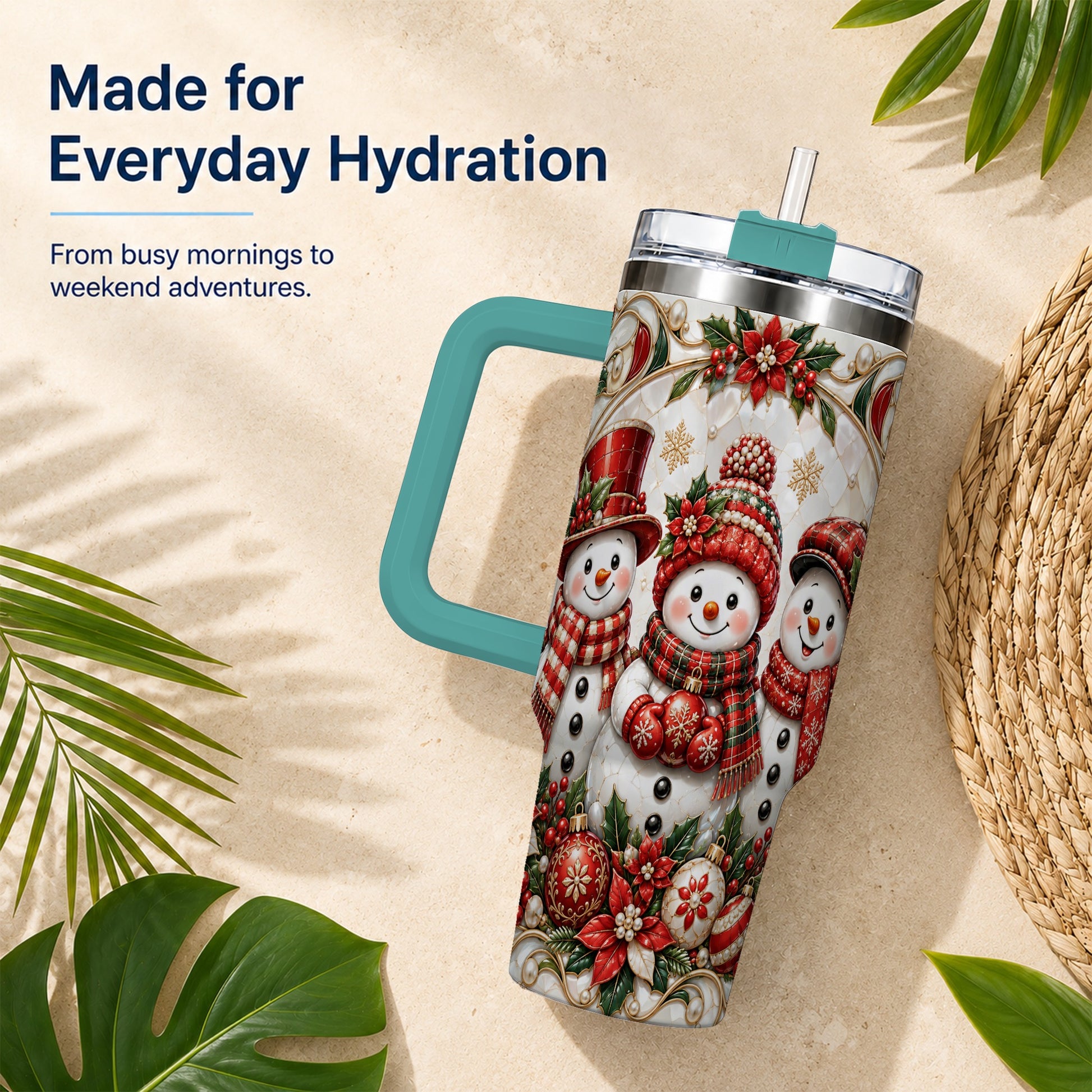 #pl[40oz|Green] Snowman 40oz Tumbler with Handle, Poinsettia Holiday Travel Cup