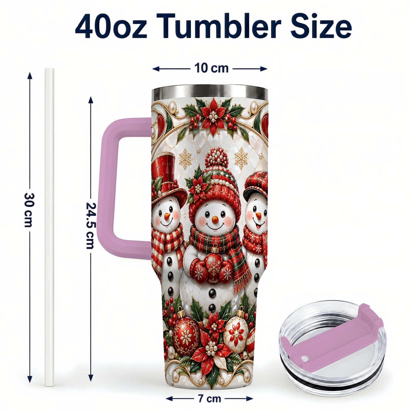 #pl[40oz|Pink] Snowman 40oz Tumbler with Handle, Poinsettia Holiday Travel Cup