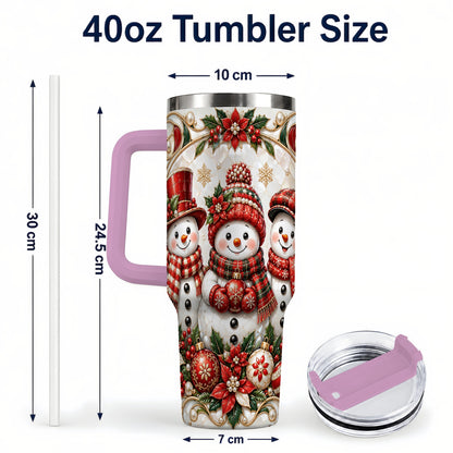 #pl[40oz|Pink] Snowman 40oz Tumbler with Handle, Poinsettia Holiday Travel Cup