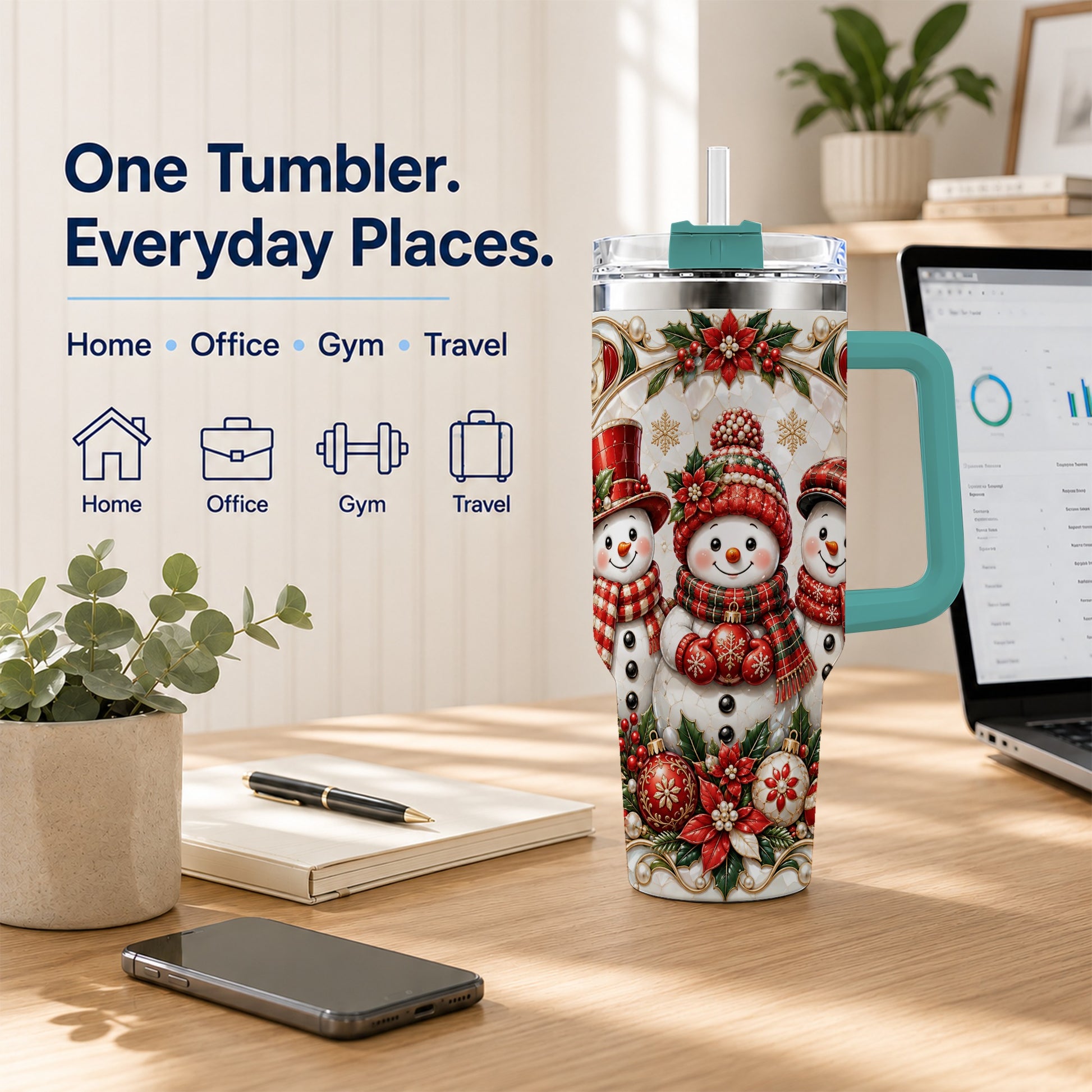 #pl[40oz|Green] Snowman 40oz Tumbler with Handle, Poinsettia Holiday Travel Cup