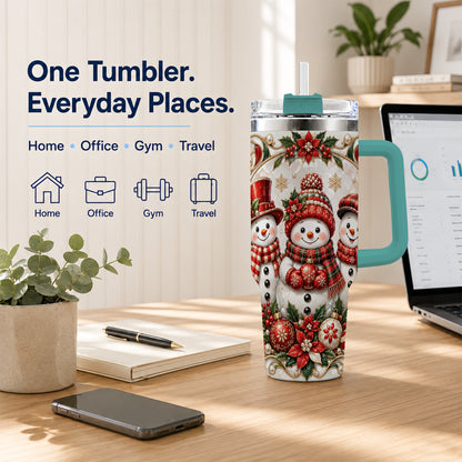 #pl[40oz|Green] Snowman 40oz Tumbler with Handle, Poinsettia Holiday Travel Cup