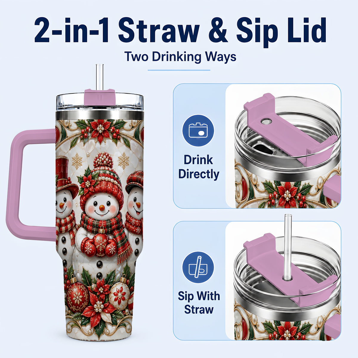 #pl[40oz|Pink] Snowman 40oz Tumbler with Handle, Poinsettia Holiday Travel Cup