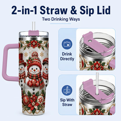 #pl[40oz|Pink] Snowman 40oz Tumbler with Handle, Poinsettia Holiday Travel Cup