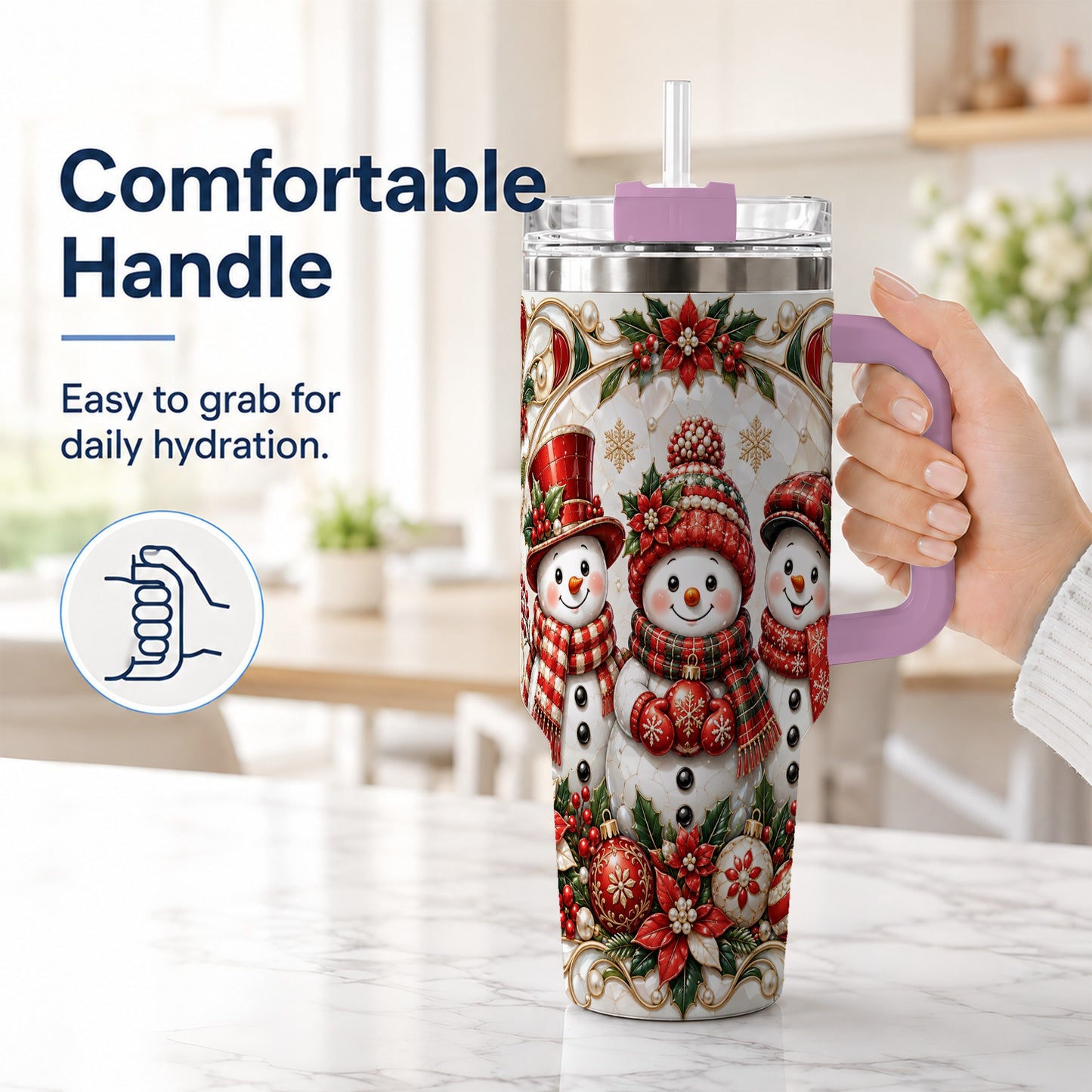 #pl[40oz|Pink] Snowman 40oz Tumbler with Handle, Poinsettia Holiday Travel Cup