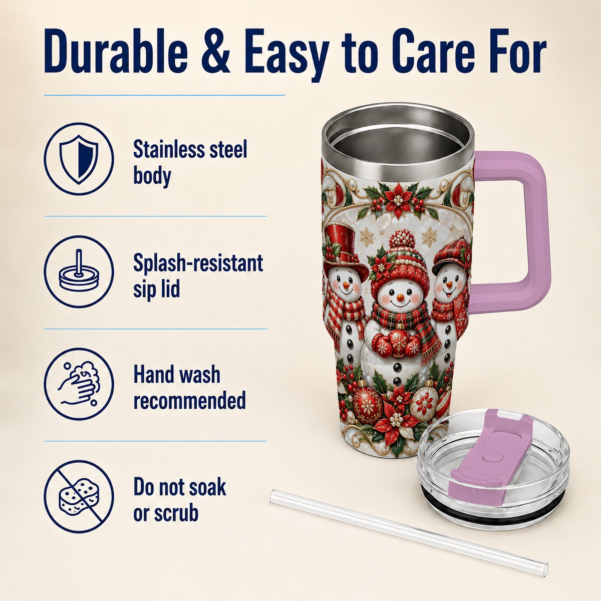 #pl[40oz|Pink] Snowman 40oz Tumbler with Handle, Poinsettia Holiday Travel Cup