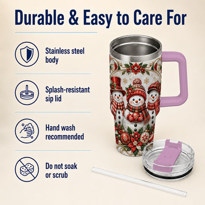 #pl[40oz|Pink] Snowman 40oz Tumbler with Handle, Poinsettia Holiday Travel Cup
