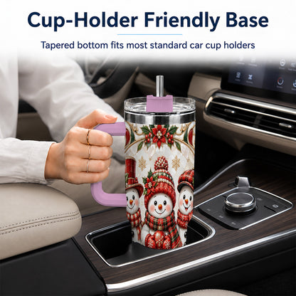 #pl[40oz|Pink] Snowman 40oz Tumbler with Handle, Poinsettia Holiday Travel Cup
