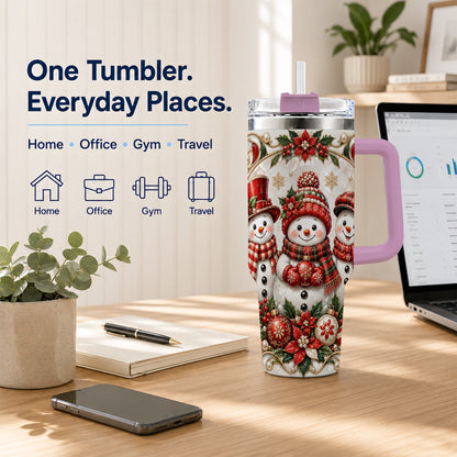 #pl[40oz|Pink] Snowman 40oz Tumbler with Handle, Poinsettia Holiday Travel Cup