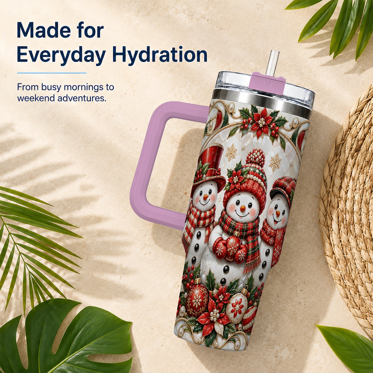 #pl[40oz|Pink] Snowman 40oz Tumbler with Handle, Poinsettia Holiday Travel Cup