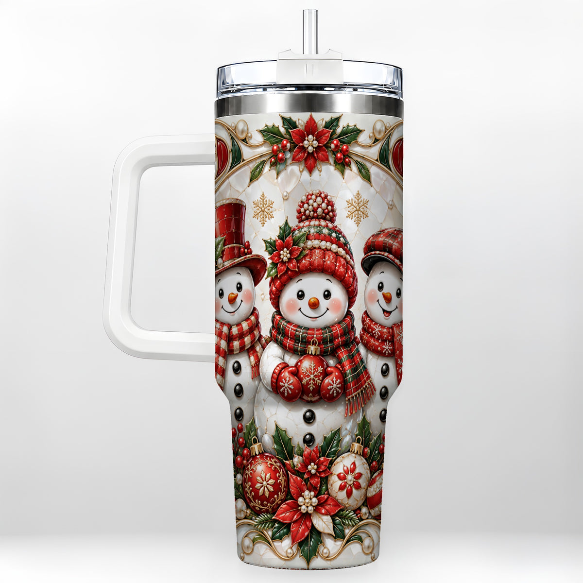Snowman 40oz Tumbler with Handle, Poinsettia Holiday Travel Cup