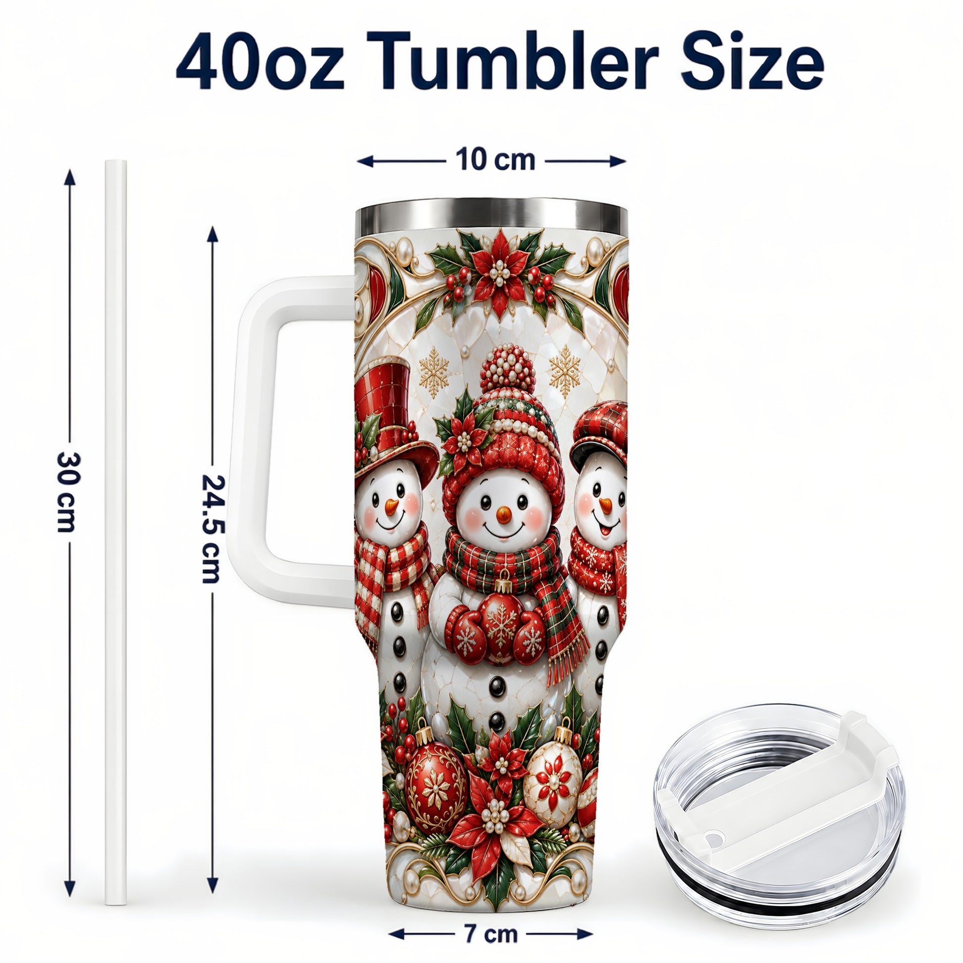 #pl[40oz|White] Snowman 40oz Tumbler with Handle, Poinsettia Holiday Travel Cup
