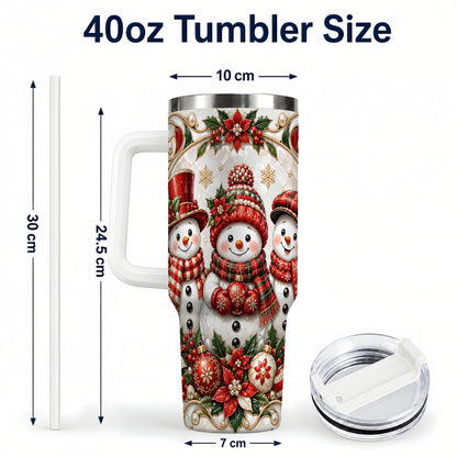 #pl[40oz|White] Snowman 40oz Tumbler with Handle, Poinsettia Holiday Travel Cup