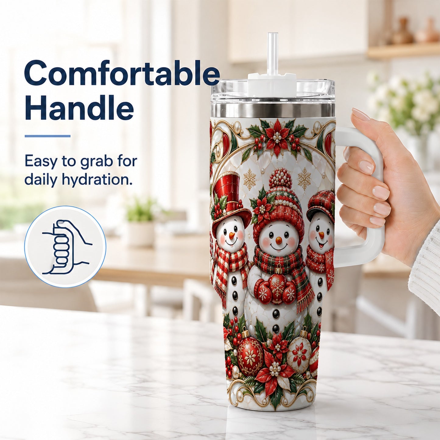#pl[40oz|White] Snowman 40oz Tumbler with Handle, Poinsettia Holiday Travel Cup