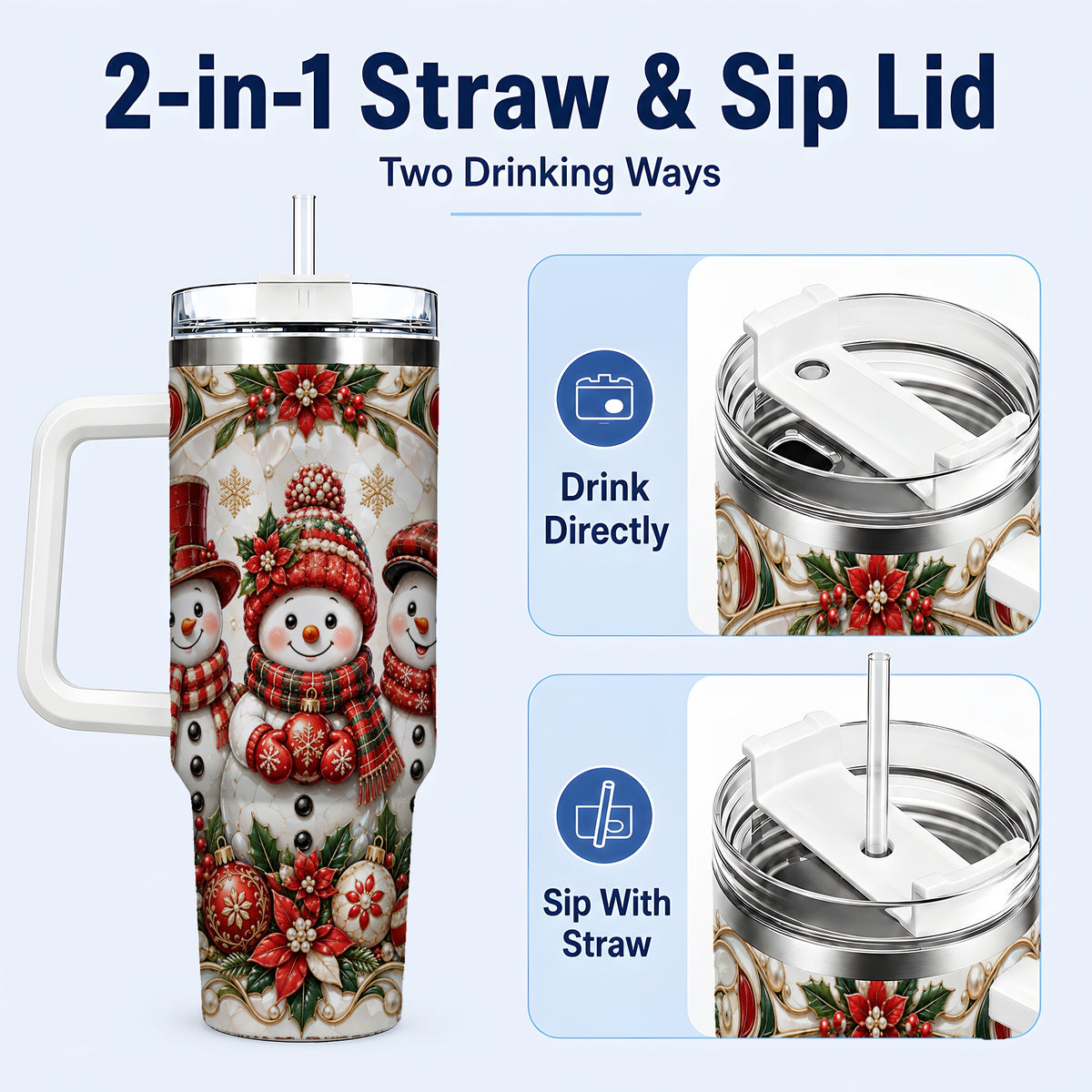 #pl[40oz|White] Snowman 40oz Tumbler with Handle, Poinsettia Holiday Travel Cup