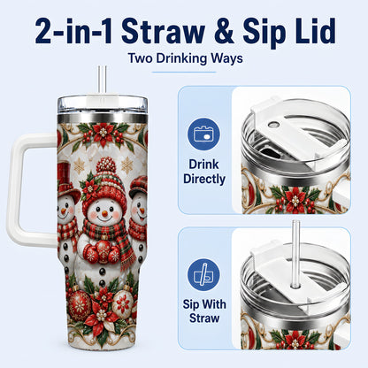 #pl[40oz|White] Snowman 40oz Tumbler with Handle, Poinsettia Holiday Travel Cup