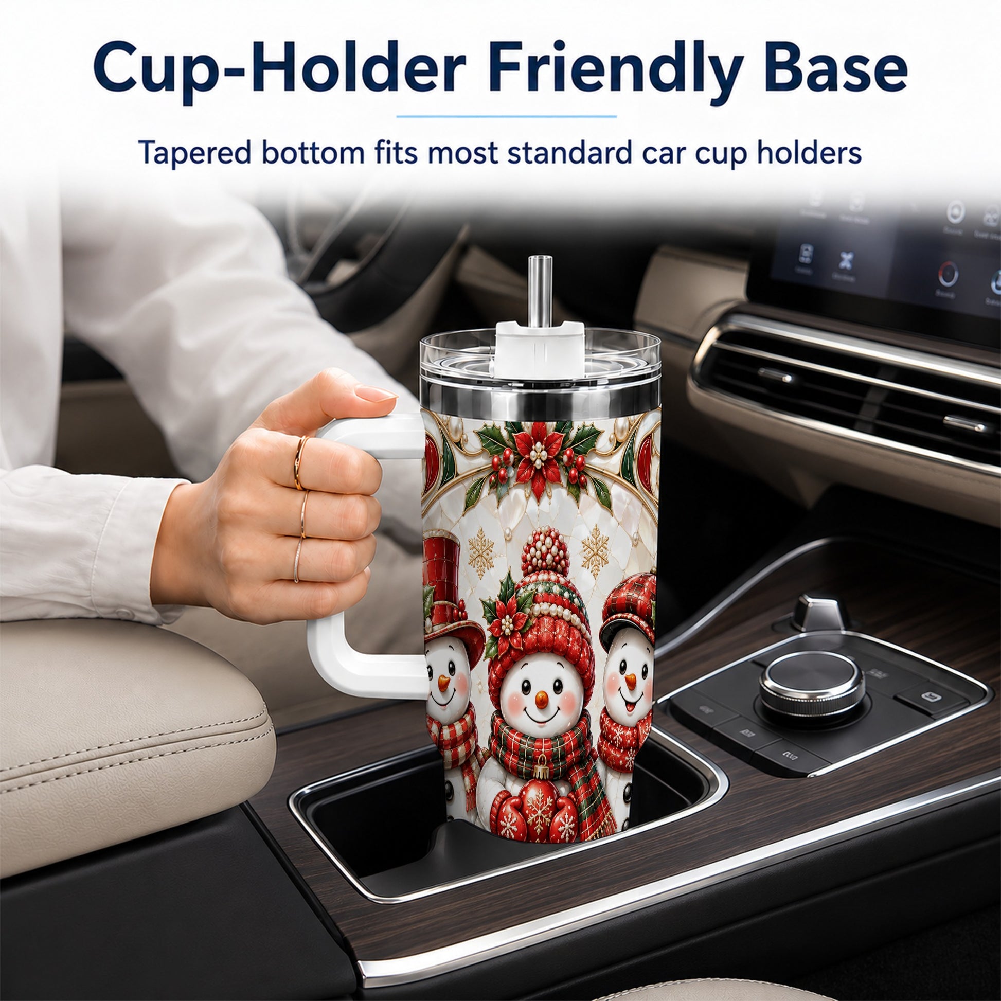 #pl[40oz|White] Snowman 40oz Tumbler with Handle, Poinsettia Holiday Travel Cup