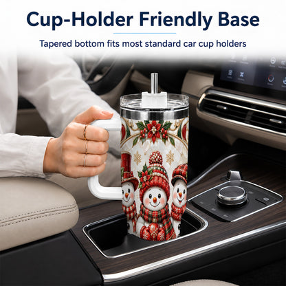 #pl[40oz|White] Snowman 40oz Tumbler with Handle, Poinsettia Holiday Travel Cup