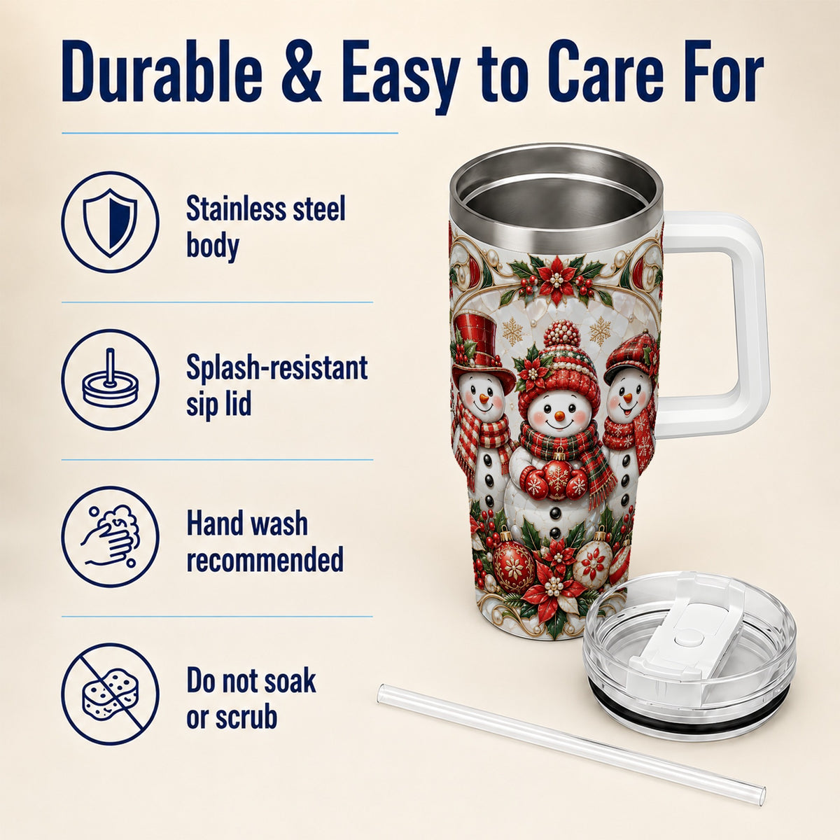 #pl[40oz|White] Snowman 40oz Tumbler with Handle, Poinsettia Holiday Travel Cup