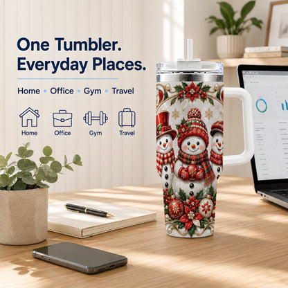 #pl[40oz|White] Snowman 40oz Tumbler with Handle, Poinsettia Holiday Travel Cup