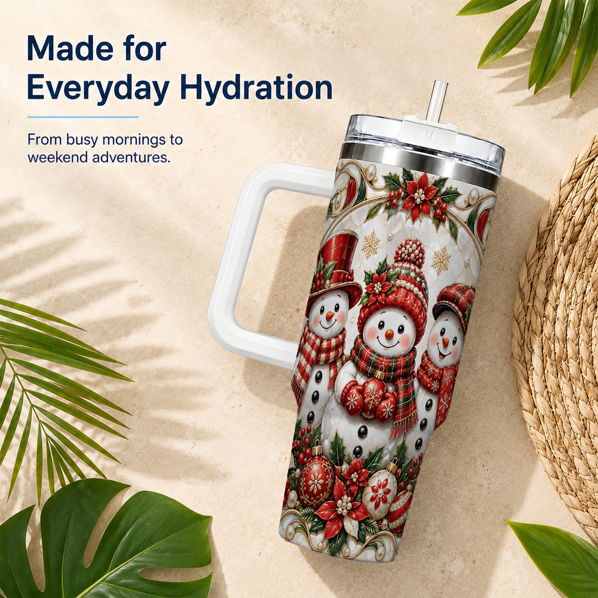 #pl[40oz|White] Snowman 40oz Tumbler with Handle, Poinsettia Holiday Travel Cup