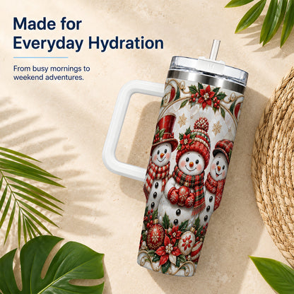 #pl[40oz|White] Snowman 40oz Tumbler with Handle, Poinsettia Holiday Travel Cup