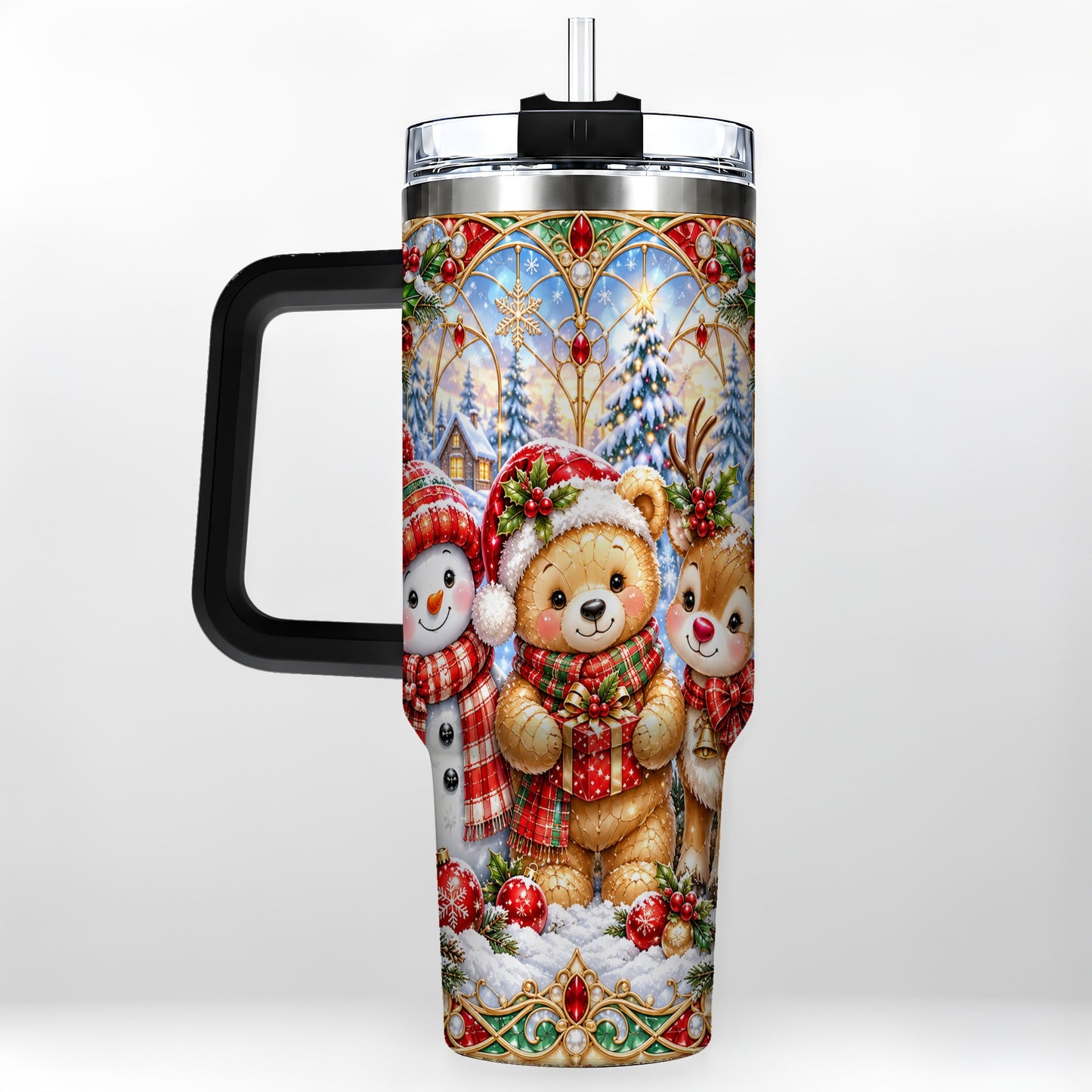#pl[40oz|Black] Snowman 40oz Tumbler with Handle, Reindeer Christmas Travel Cup