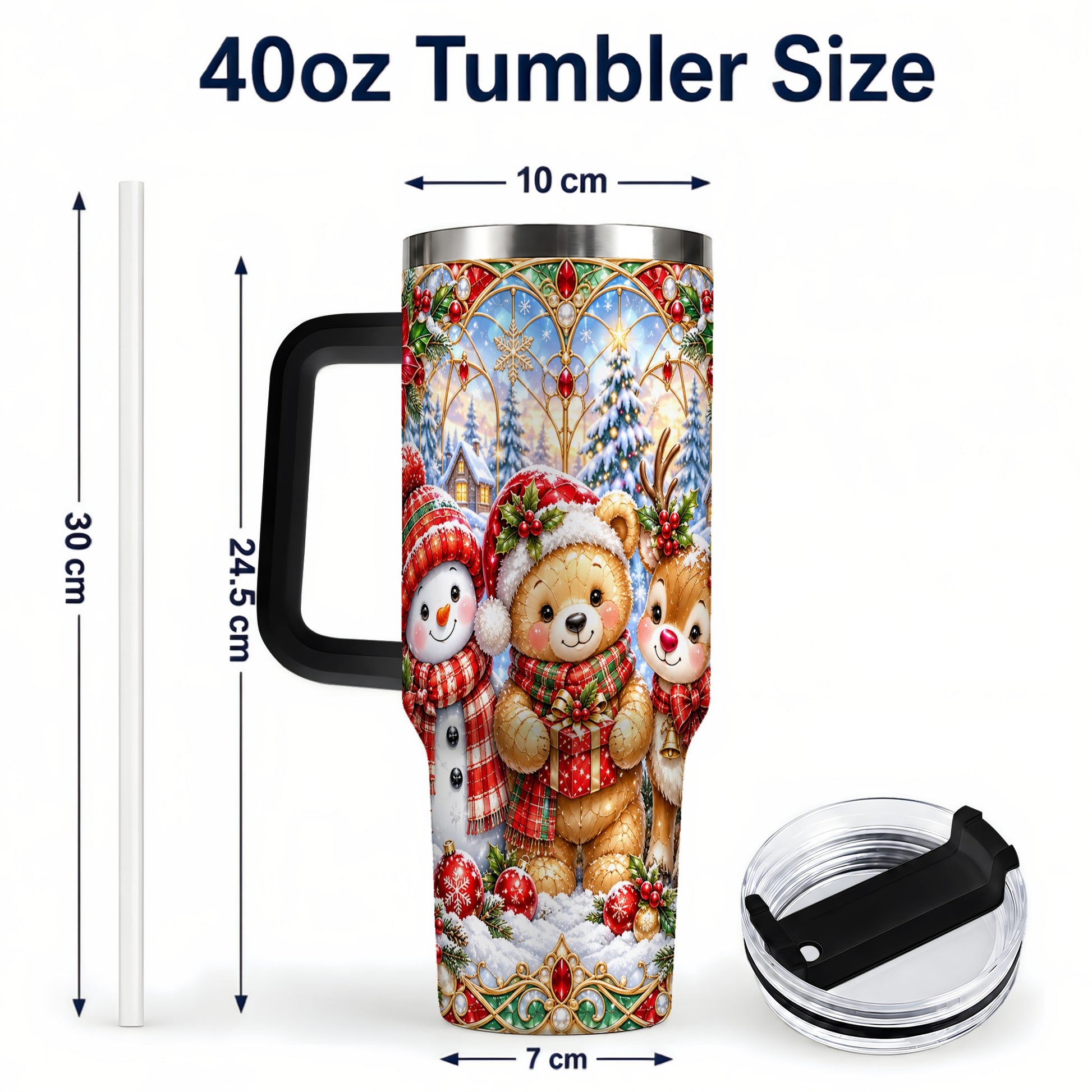 #pl[40oz|Black] Snowman 40oz Tumbler with Handle, Reindeer Christmas Travel Cup