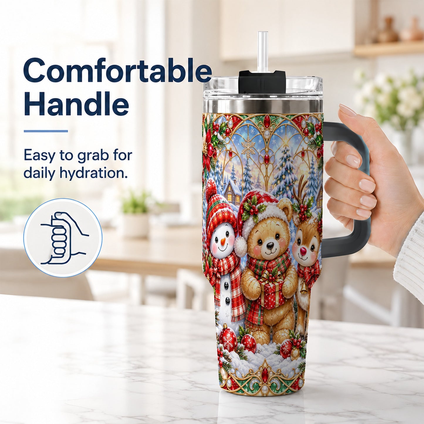 #pl[40oz|Black] Snowman 40oz Tumbler with Handle, Reindeer Christmas Travel Cup