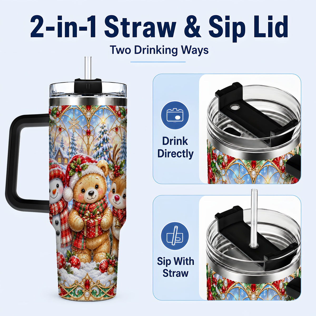 #pl[40oz|Black] Snowman 40oz Tumbler with Handle, Reindeer Christmas Travel Cup