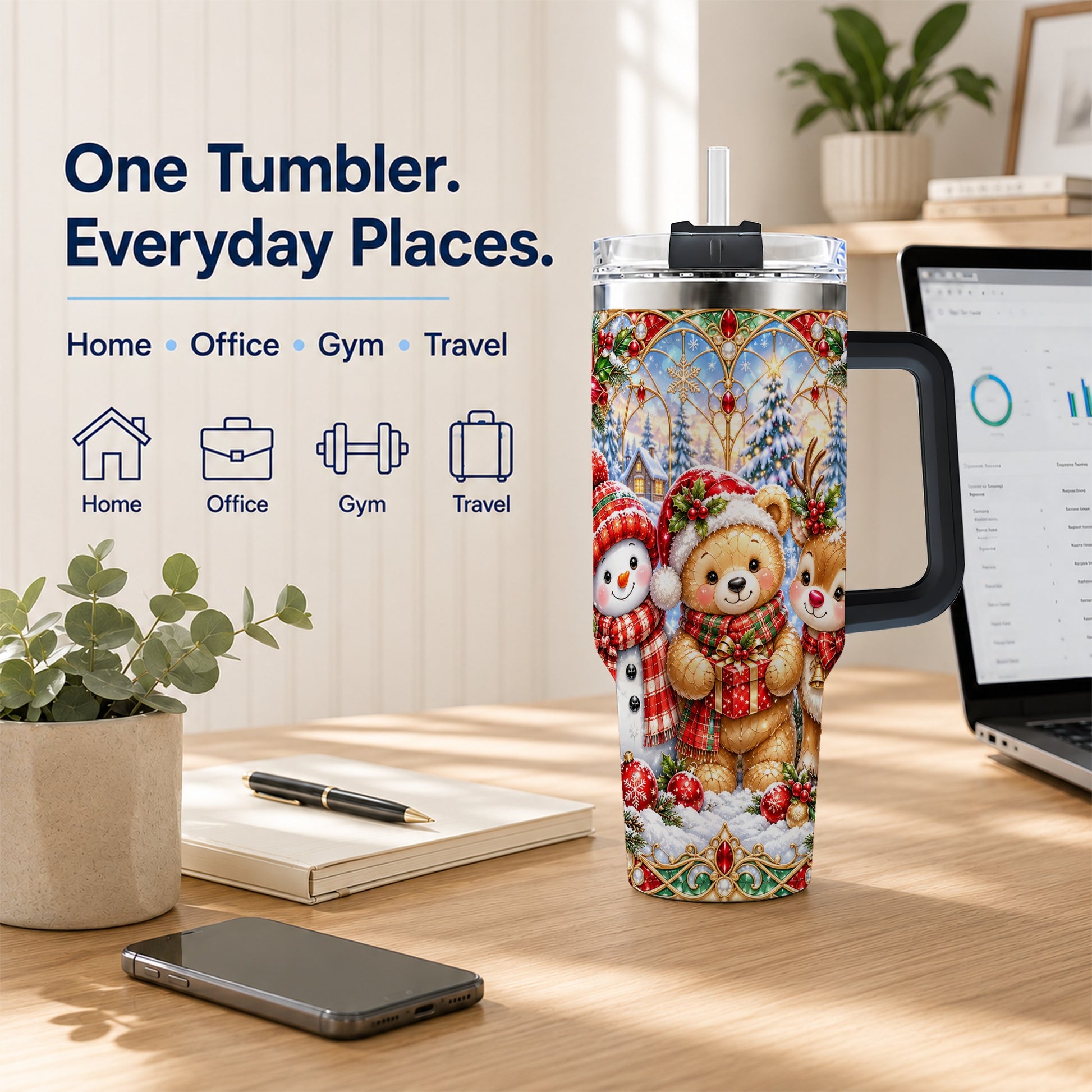 #pl[40oz|Black] Snowman 40oz Tumbler with Handle, Reindeer Christmas Travel Cup