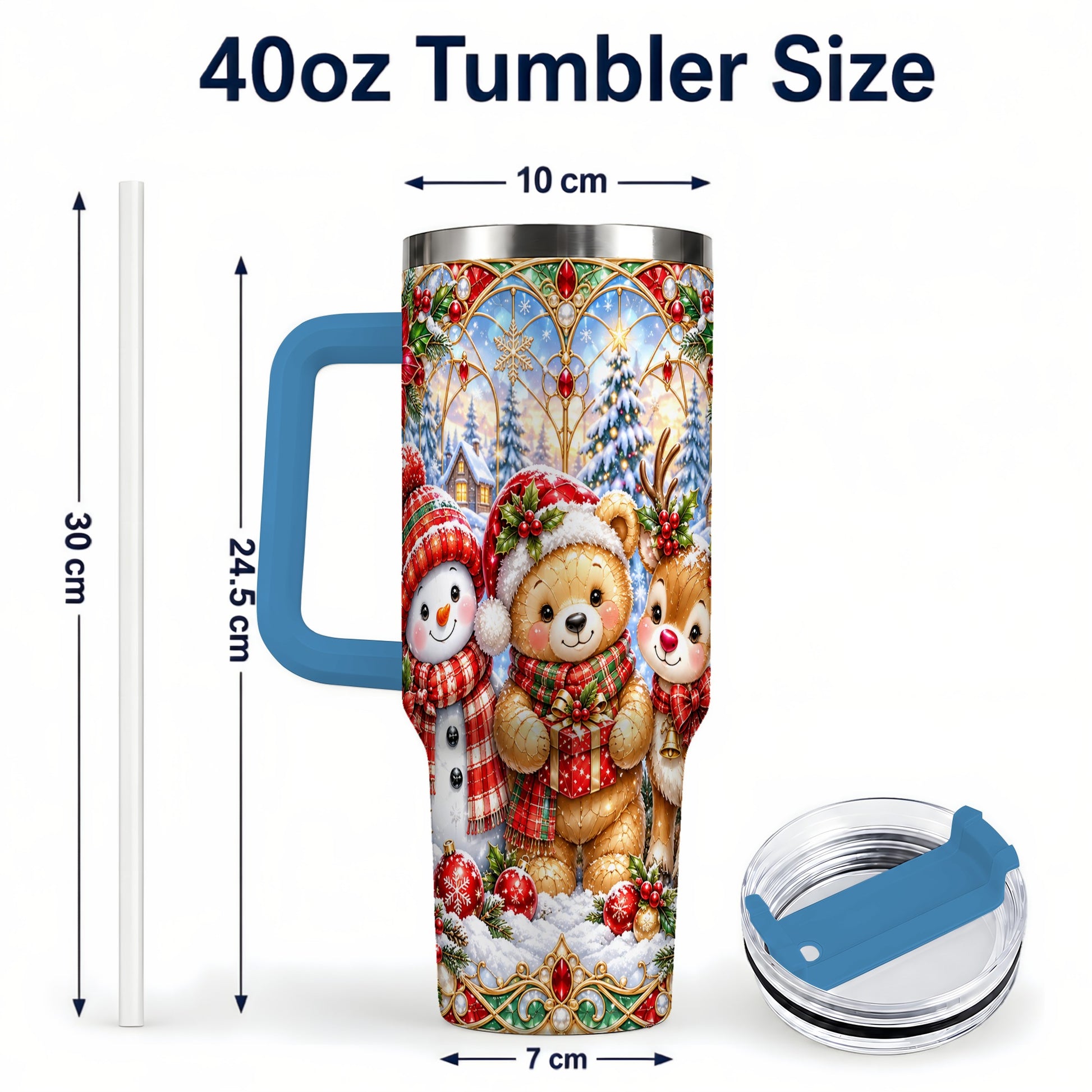 #pl[40oz|Blue] Snowman 40oz Tumbler with Handle, Reindeer Christmas Travel Cup