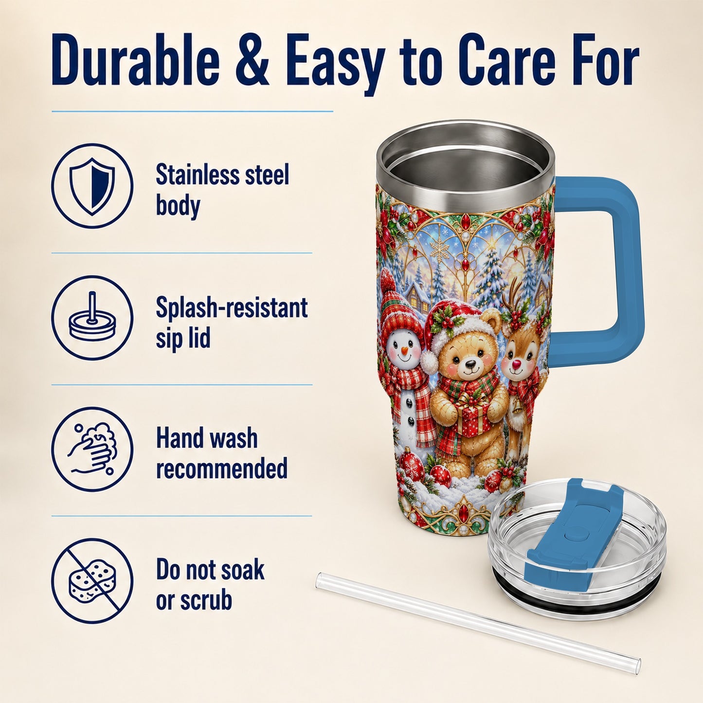 #pl[40oz|Blue] Snowman 40oz Tumbler with Handle, Reindeer Christmas Travel Cup