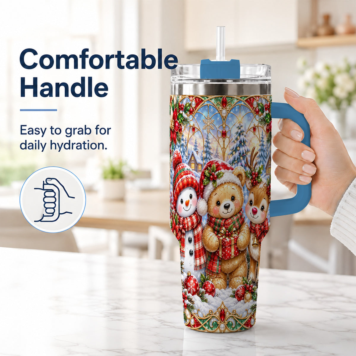 #pl[40oz|Blue] Snowman 40oz Tumbler with Handle, Reindeer Christmas Travel Cup