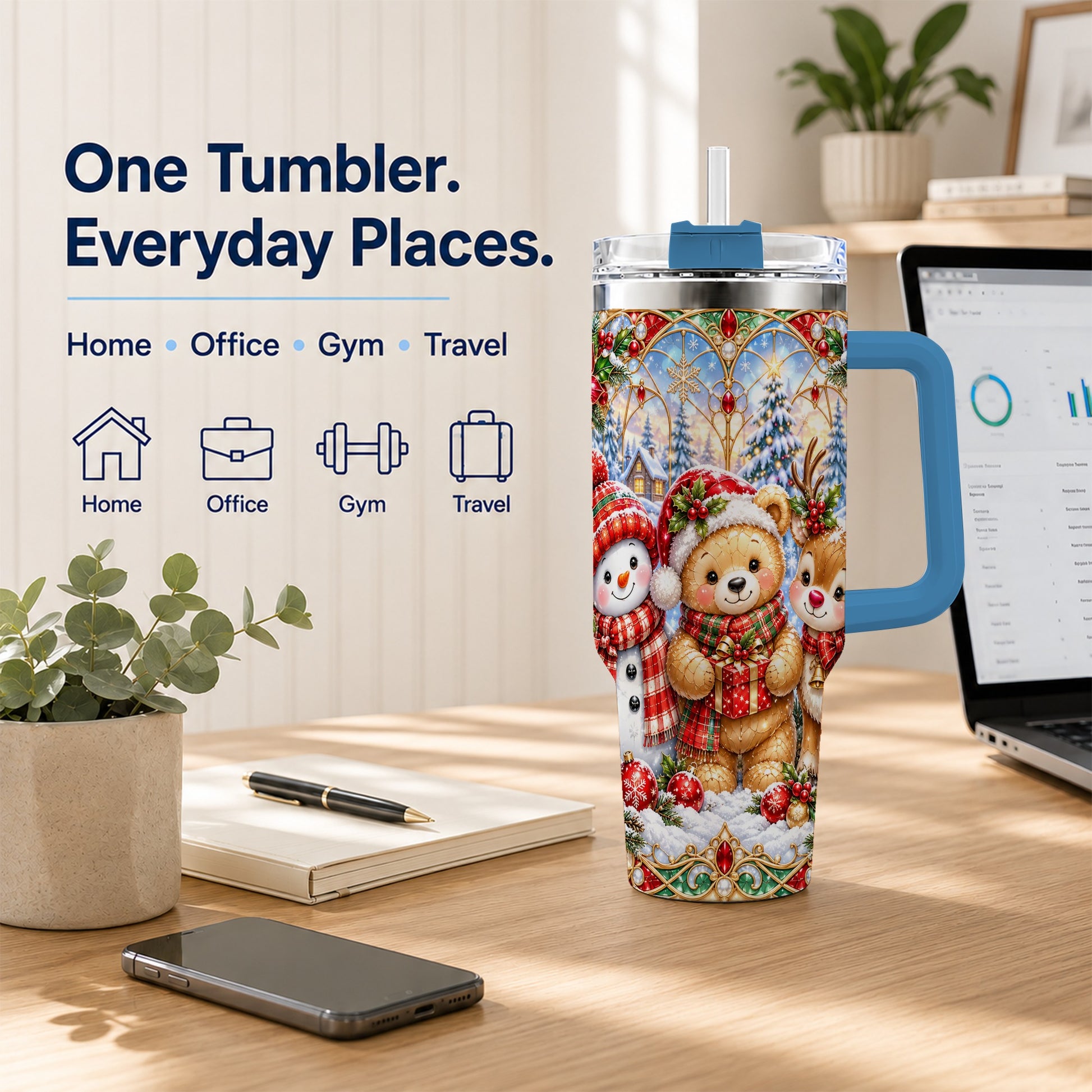 #pl[40oz|Blue] Snowman 40oz Tumbler with Handle, Reindeer Christmas Travel Cup